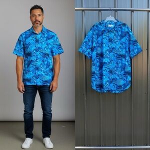 5XL Oak Hill Short Sleeve Shirt Tropical Hawaiian FERN Navy Blue Green COTTON